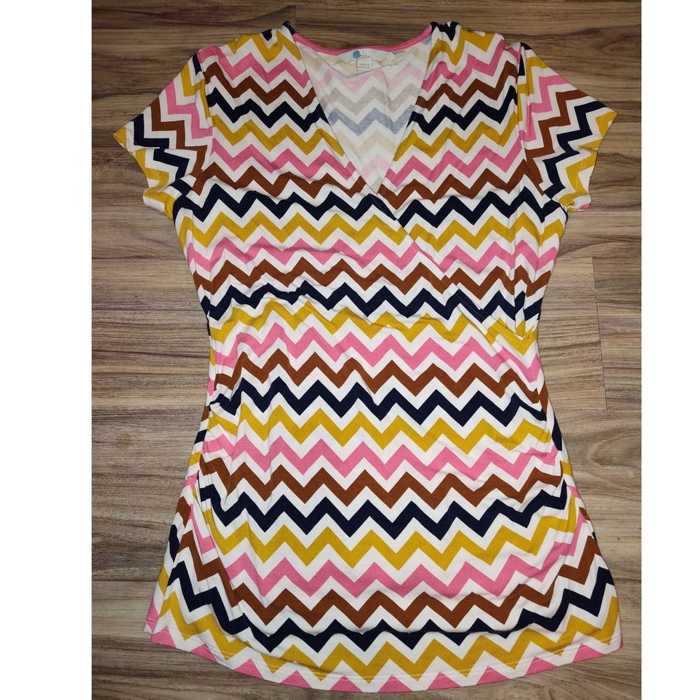 Boden Womens Chevron Zigzag Faux Wrap V-Neck Top Pink Yellow Blue Size US 8